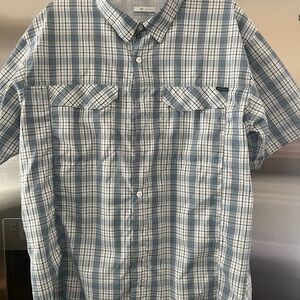 Columbia Blue and White Plaid Short-Sleeve Button-Down Shirt